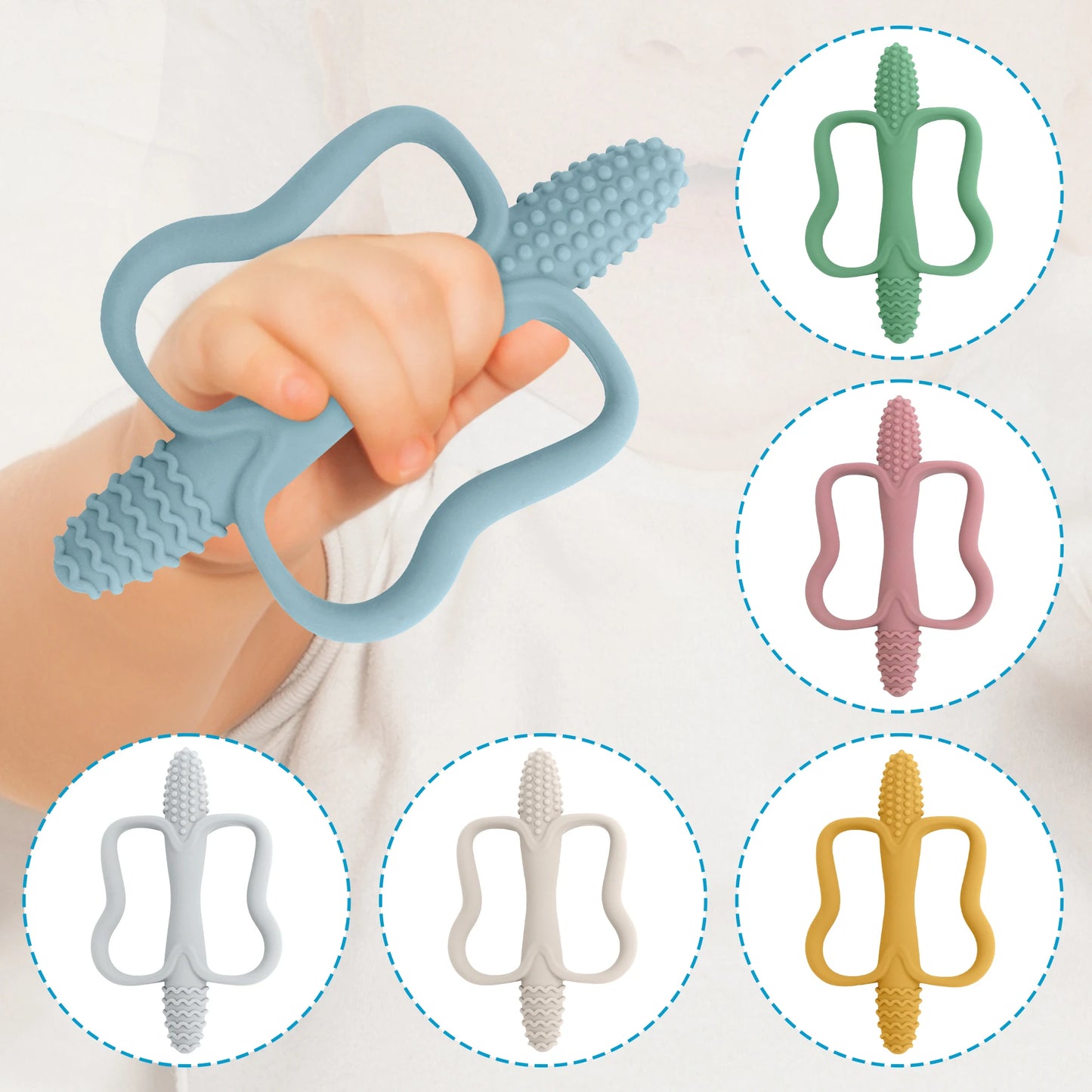 One-piece silicone teething stick with handle, baby toy teether, 6 colors, easy to grip, corn-shaped teether, BPA-free.