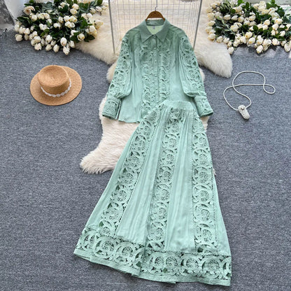 Elegant Lace Hollow out Long Sleeve Shirt And High Waist Half Skirt Two Piece Set for Women Fashionable And Stylish Ensemble