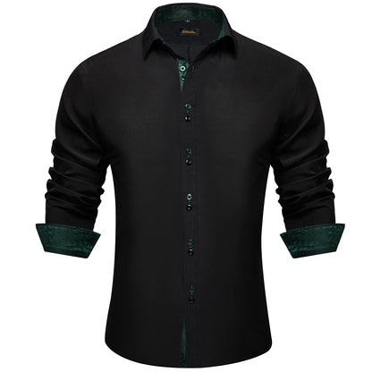 Men's Polyester Cotton Solid Black Shirts Long Sleeve Blue Paisley Patchwork Social Casual Dress Shirt Elegant Men Clothing