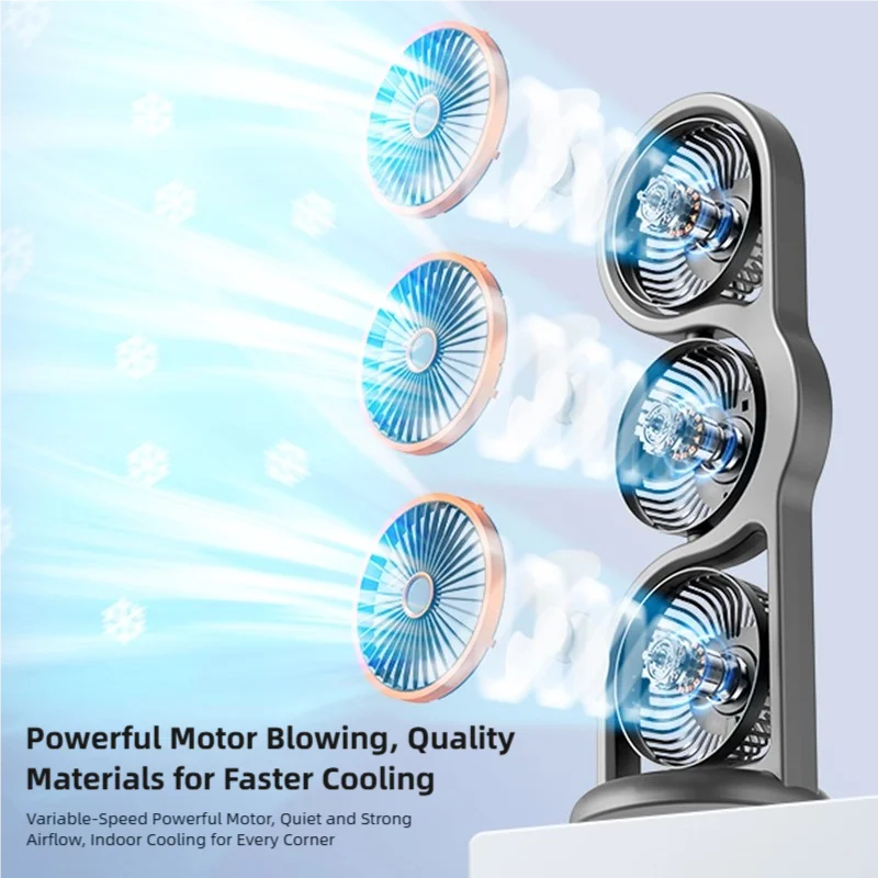 TINSOL 2026 New Portable USB Rechargeable Three-Head Fan – 360° Circulation, 5-Speed Wind, Dormitory and Outdoor Desktop Fan
