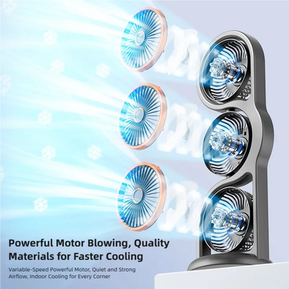 TINSOL 2026 New Portable USB Rechargeable Three-Head Fan – 360° Circulation, 5-Speed Wind, Dormitory and Outdoor Desktop Fan