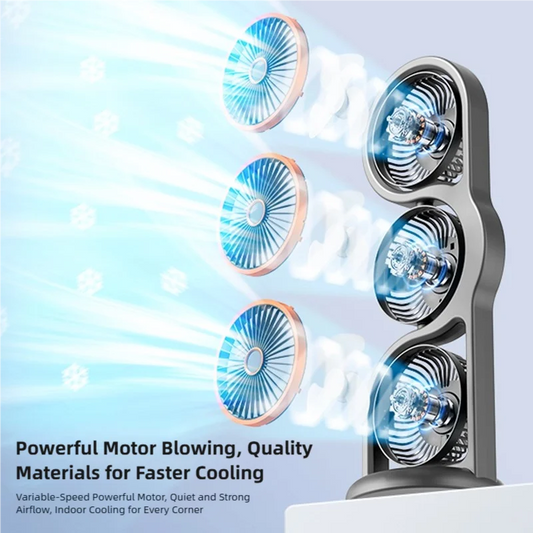 TINSOL 2026 New Portable USB Rechargeable Three-Head Fan – 360° Circulation, 5-Speed Wind, Dormitory and Outdoor Desktop Fan