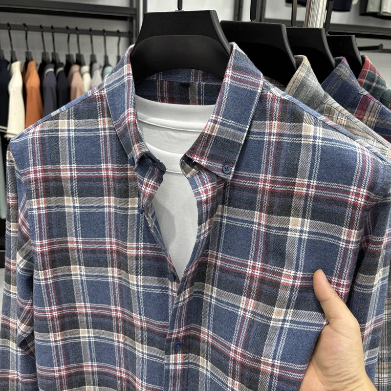 Cotton Plaid Shirt Men's Long Sleeved Spring New Loose Casual Jacket, Brushed and Iron Free Shirt Men's Clothing