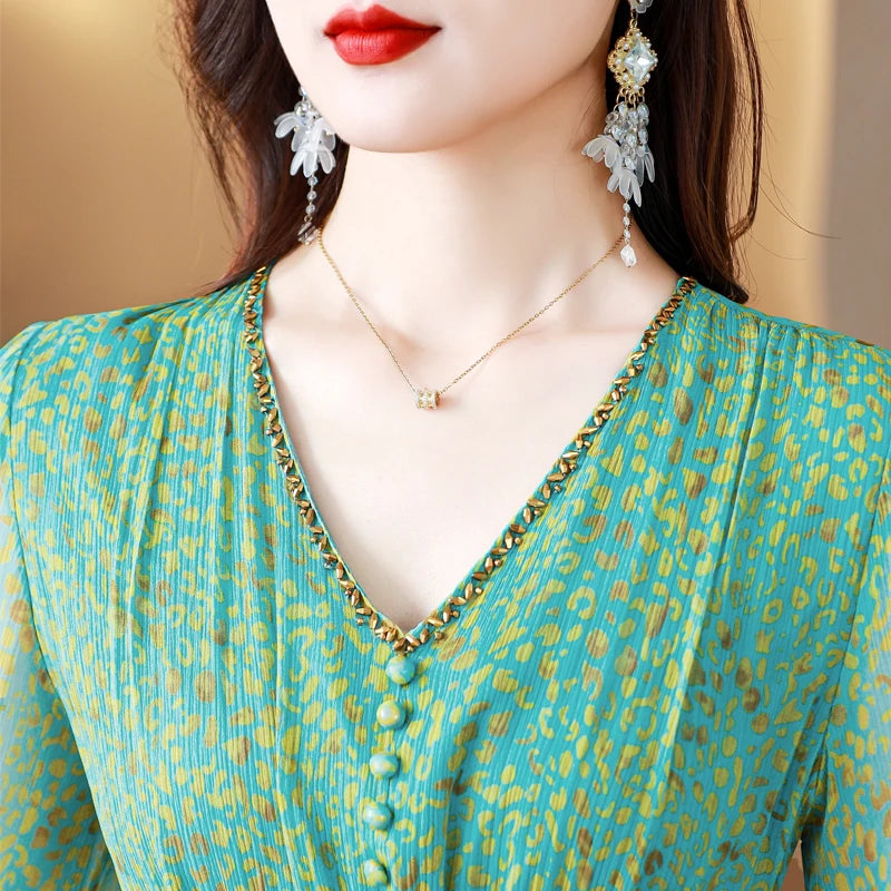 Spring Summer Green Floral Silk Long Dress Women Fashion Casual Holiday Beach Dress 2024 Korean Elegant Luxury Dance Party Dress