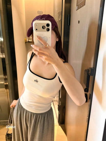 Summer New Pure Desire Letter Print Splice Strap Vest Slimming Color Block One-Piece Women's Vest with Chest Pad U-Neck Nylon