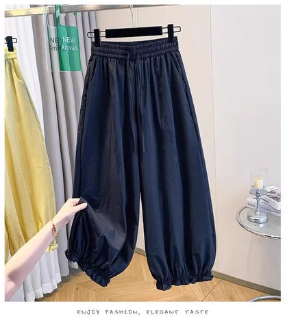 Casual Ice Silk Quick Dry Nine-Piece Flower Bud Pants Women Summer Thin Loose High Waist Draping Lantern Pants