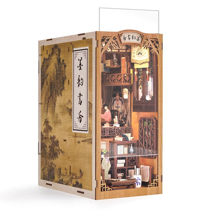 CUTEBEE Book Nook Dollhouse Kit With Touch Light Dust Cover DIY Miniature Doll House Toys For Birthday Gifts Ink Rhyme Bookstore