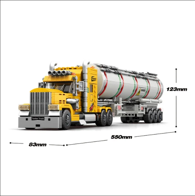 New heavy-duty truck building block sets in various styles, including containers, tank trucks, cranes, and RV vehicle constructi