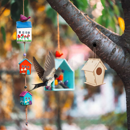 6Pcs DIY Wooden Bird House Kit Paintable Mini Hanging Twine Pre-Drilled Easy Assembly Kids Wood Craft Building Kit