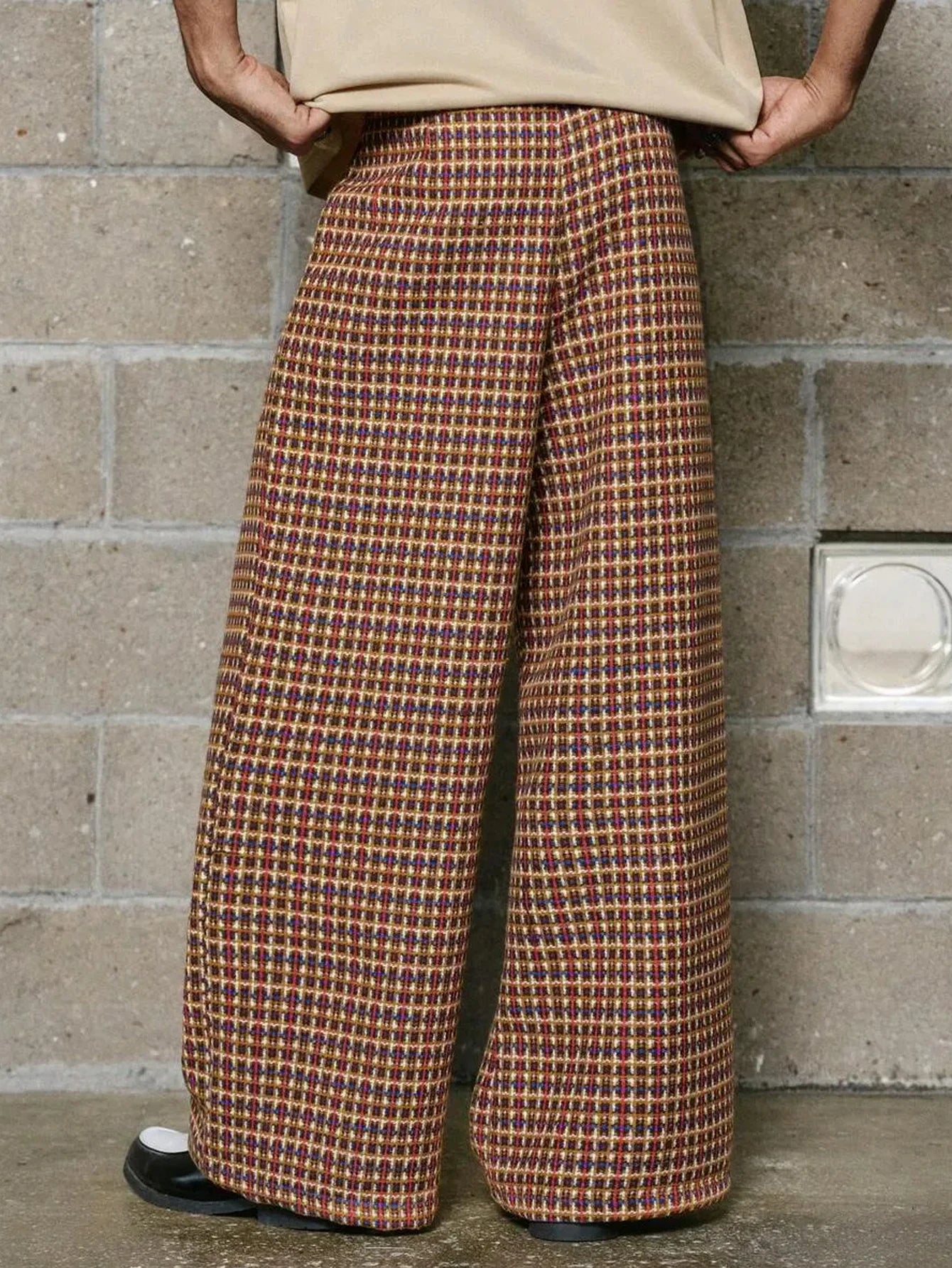 2026 SS Jacquard Plaid Woven Men Pants, Pleated Design, Zipper Fly, Cross Pockets,Loose Straight Wide Leg Commuter Suit Pants