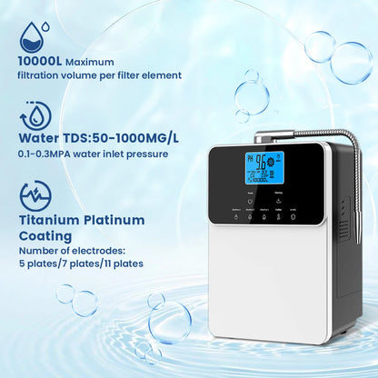 CAWOLO 11 Plates Platinum Coating Alkaline Water Ionizer Machine Household PH 4.5~10.5 Alkaline Acid Water Ionizer for Home