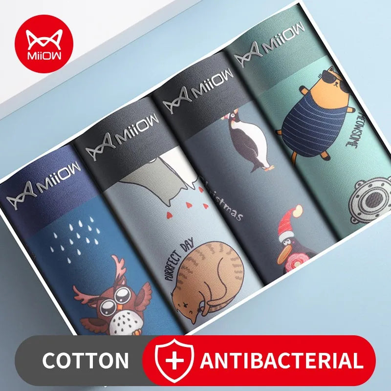 MiiOW 4Pcs Plus Animal Print Boxer Cotton Shorts Breathable Boxershorts Underpants Sexy Men Underwear Boxers Soft Male Panties