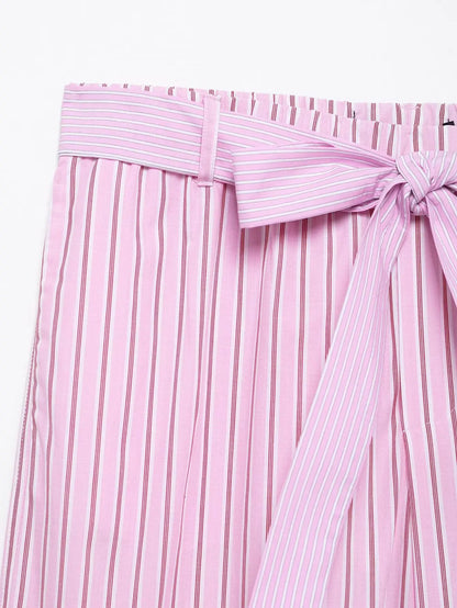 HH Women Striped Pants Suit Lapel Pocket Single-breasted Blouse+Side Zipper Lace Short Top+High Waist With Belt Poplin Pant