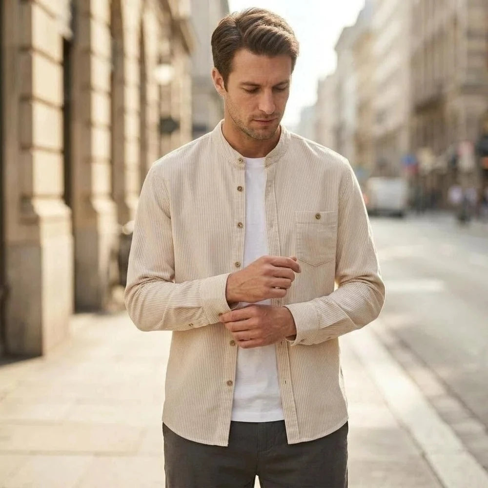 Mens Long Sleeve Business Casual Slim Fit Shirt Spring Autumn Stripe Cotton Linen Blend shirts Daily Commute Breathable tops
