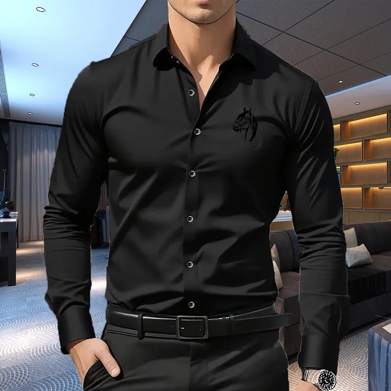 1PC Men's Premium Business Casual Shirt with Sport Logo Print Long Sleeve Slim Fit Wrinkle Resistant Formal Office Daily Shirt