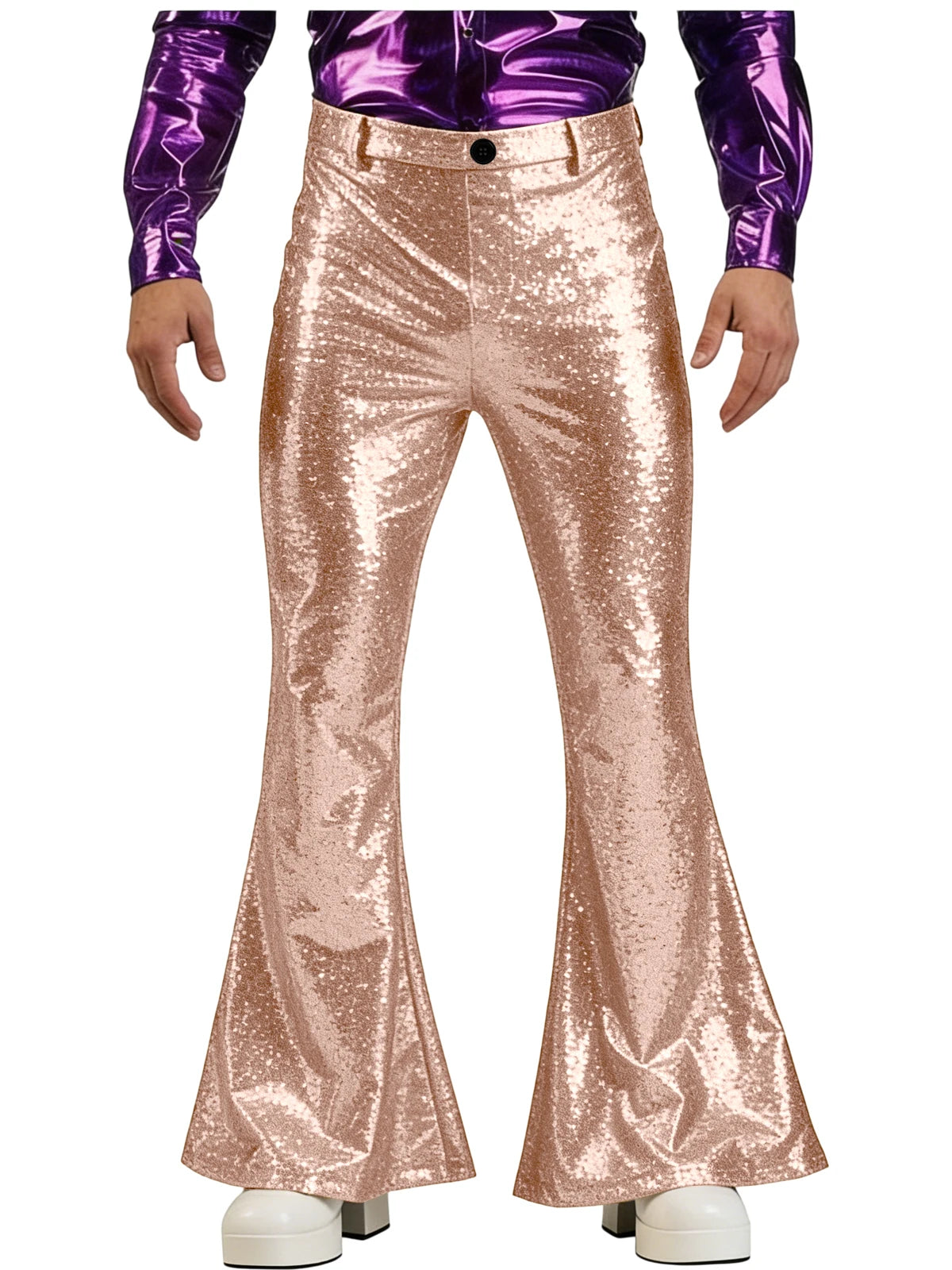 Men's Sequin Flare Pants High Waist Sparkly Bell Bottom Trousers Shiny Glitter Stretchy Breathable for Stage Performance Party