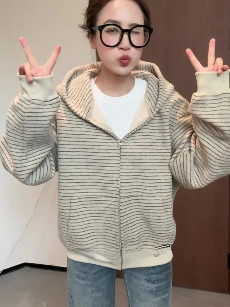 Korean Style Fleece Lined Thickened Striped Open Cardigan Hoodie Women's Loose Long Sleeve Top Autumn Winter New Arrival