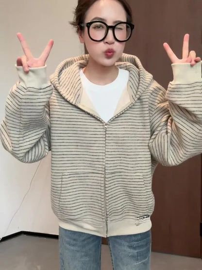 Korean Style Fleece Lined Thickened Striped Open Cardigan Hoodie Women's Loose Long Sleeve Top Autumn Winter New Arrival