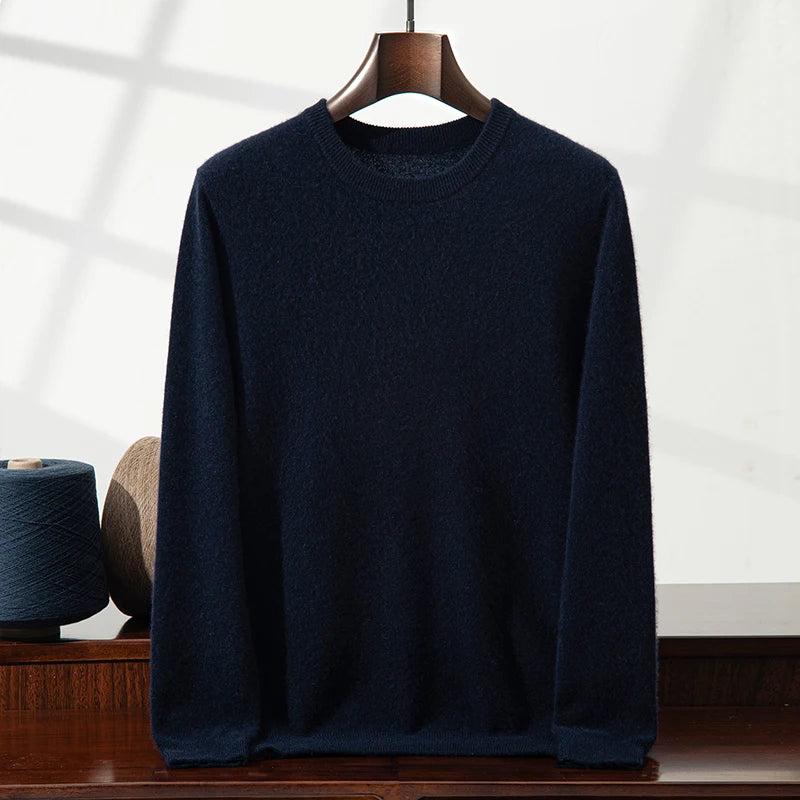 100% Cashmere Men's Pullover Business Casual Solid Knitted Sweater Loose Pull Round Neck Collar Tops Basic Versatile Jumper