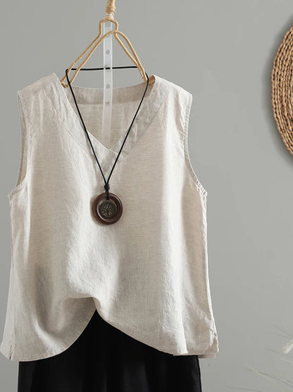 Slimming Pure Color Cotton Linen Lightweight Sleeveless round Neck Inner Wear Large Size Women's Fashionable Versatile Top