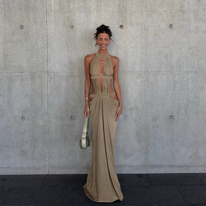 Halter Cut-Out Draped Super-Cut Back Bare Elegant Party Maxi Dress Waistless Backless Sleeveless Khaki Evening Prom Long Dress