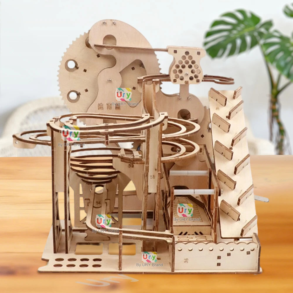 Ury 3D Wooden Puzzles Electric Marble Run Set Catapult Track Device Mechanical Model Science Balls Maze Assembly Gift