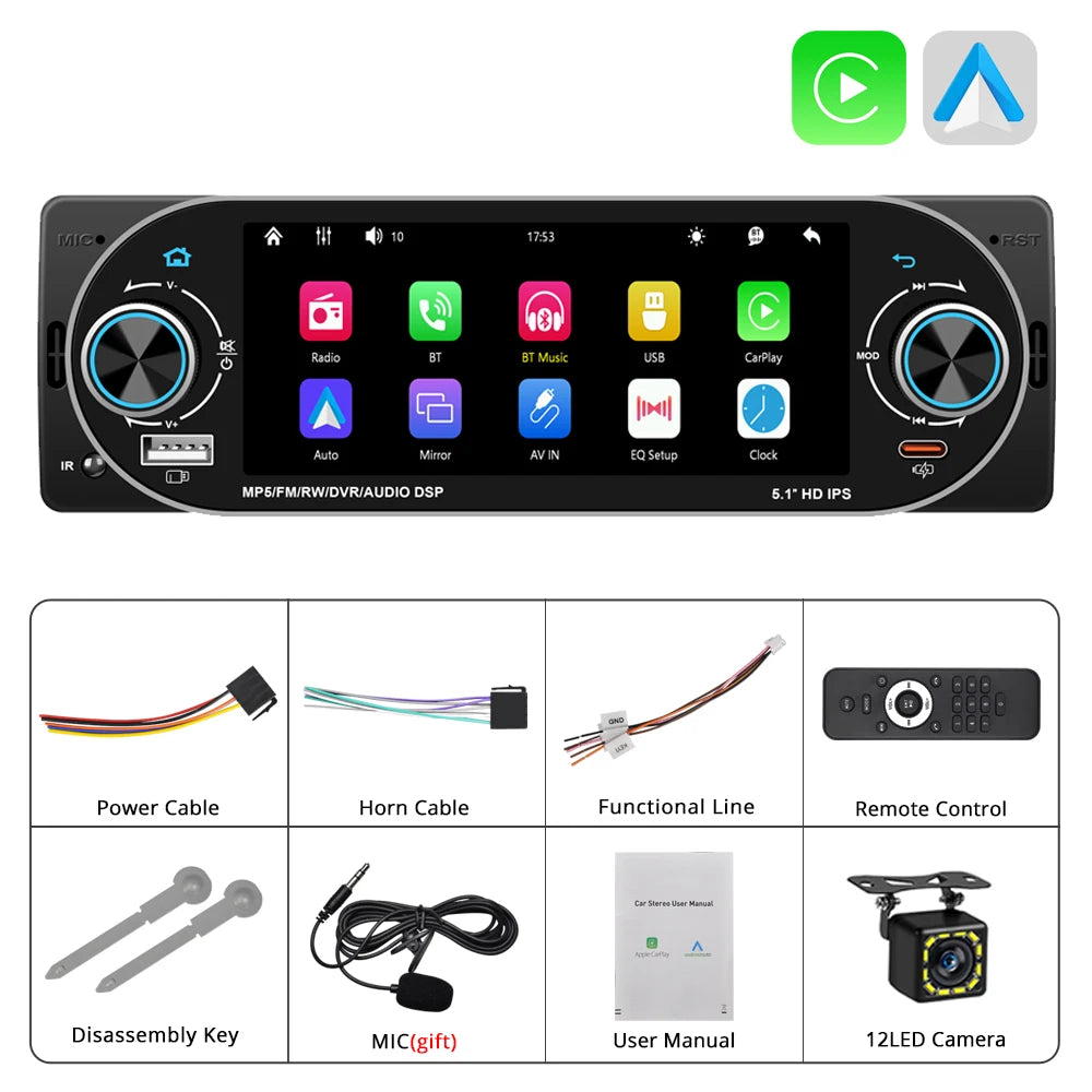 5.1Inch 1Din Car Radio MP5 IPS HD Player Support Wireless Carplay Android Auto Bluetooth FM AM RDS Stereo USB WIFI Video Player
