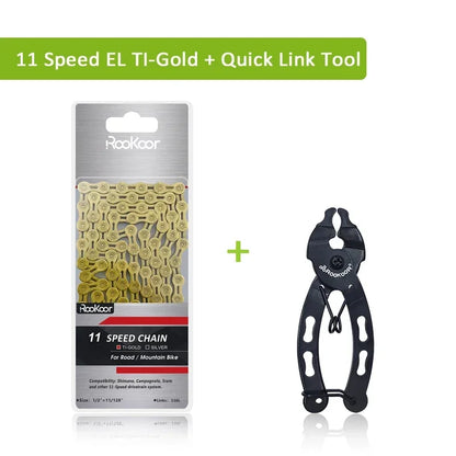 Rookoor Bicycle Chain 6 7 8 9 10 11 Speed Velocidade Titanium Plated TI Gold Silver Mountain Road Bike MTB Chains Part 116 Links