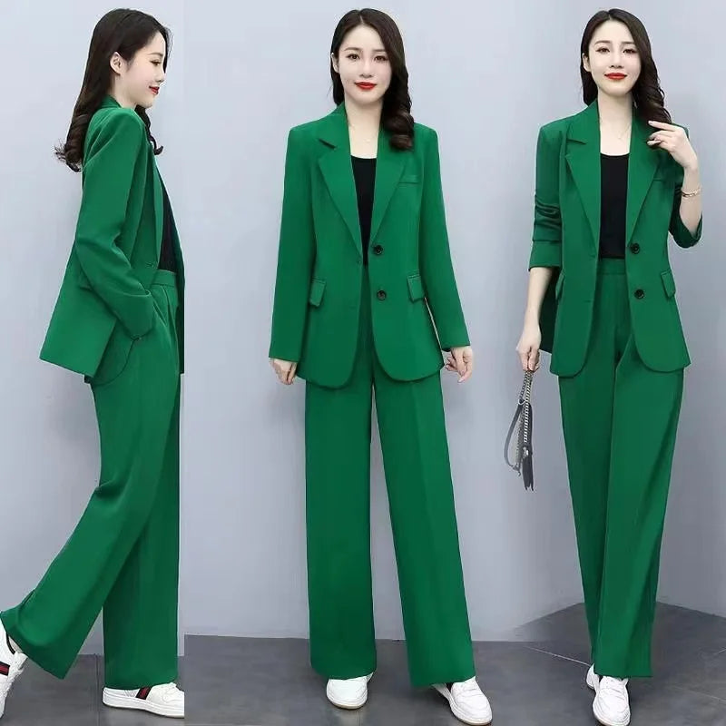 Spring 2026 plus Size Suit Set Loose Wide Leg Pants Two Piece Set Korean Style Commute Casual High Waist Polyester Fiber
