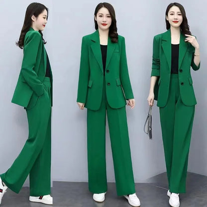Spring 2026 plus Size Suit Set Loose Wide Leg Pants Two Piece Set Korean Style Commute Casual High Waist Polyester Fiber