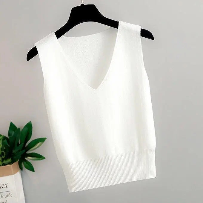 Women's Summer V-Neck Tank Top: Breathable, Waist-Defining Short-Sleeved Knit Top with Ice-Silk Spandex Lining for Outerwear