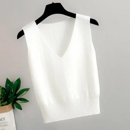 Women's Summer V-Neck Tank Top: Breathable, Waist-Defining Short-Sleeved Knit Top with Ice-Silk Spandex Lining for Outerwear