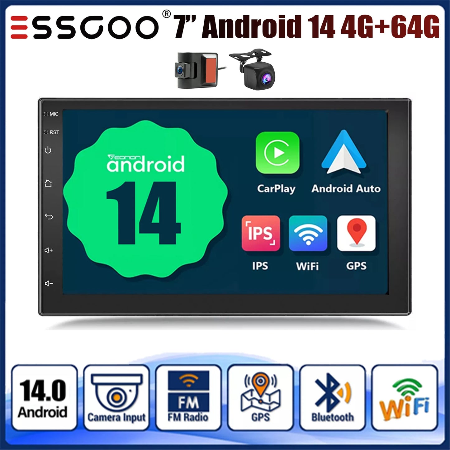 ESSGOO 7" Car Stereo Radio Double 2DIN Android 14 CarPlay Touch Screen 4+64G GPS Navigation Wifi FM/RDS Bluetooth SWC DVR&Camera