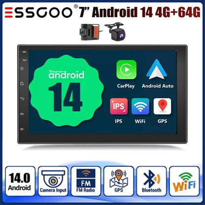 ESSGOO 7" Car Stereo Radio Double 2DIN Android 14 CarPlay Touch Screen 4+64G GPS Navigation Wifi FM/RDS Bluetooth SWC DVR&Camera