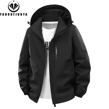 Spring Men Outdoor Leisure Windbreak Removable Hooded Jacket Men Autumn Many Pocket Fashion Brand Jacket Coat Male Clothing 8XL