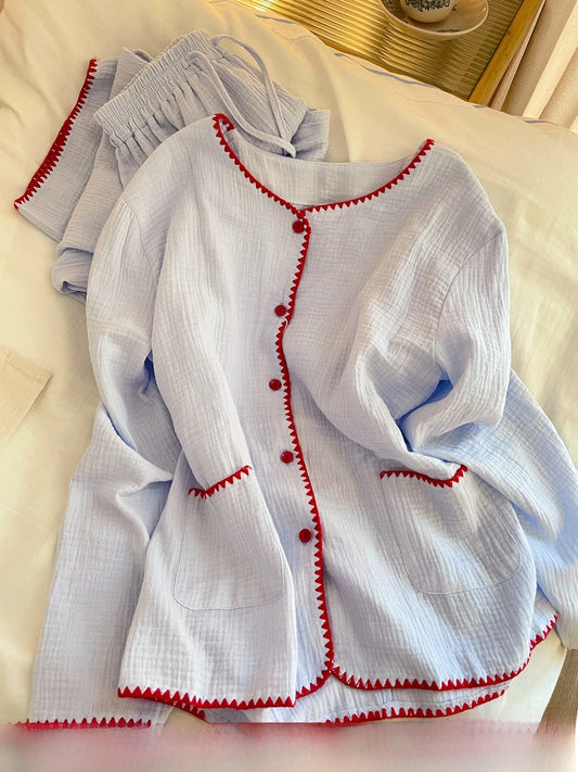 Casual Cotton Pajamas Long Sleeve Sleepwear Women's Spring Autumn Style Comfortable Home Clothes Set Wide Leg Pants Outfit