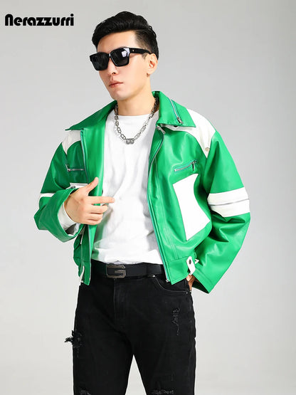 Nerazzurri Autumn Winter Short Quilted Warm Oversized Green and White Patchwork Pu Leather Jacket Men Luxury Designer Menswear