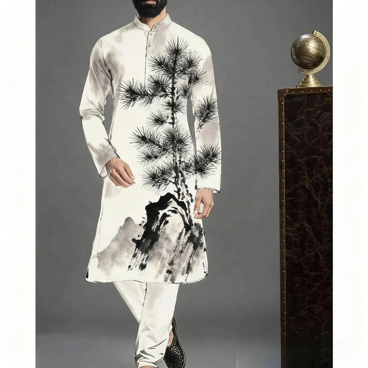 2026 Muslim Tops Men's Ethnic Style Long-sleeved Stand-up Collar Shirts Casual Slim Irregular Ropa Musulmana Hombre