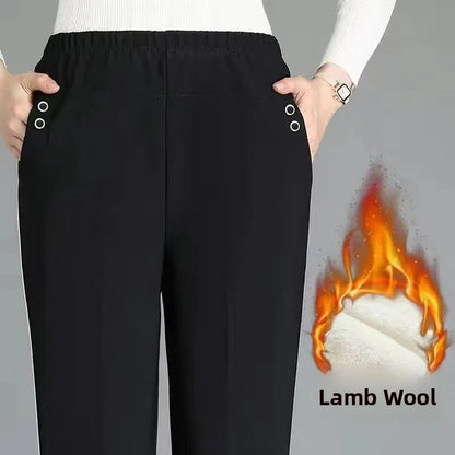 Women's Fleece Lined Loose Straight Leg Elastic Waist Casual Pants Thickened Autumn Winter New Style Cotton Sheepskin Velvet