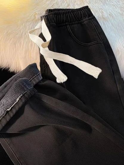 Thickened Fleece Straight Leg Jeans Women Winter New Small Size Wide Leg Cotton Elastic Waist Autumn Winter Pants