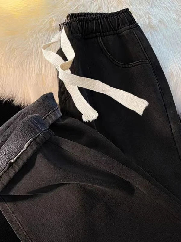 Thickened Fleece Straight Leg Jeans Women Winter New Small Size Wide Leg Cotton Elastic Waist Autumn Winter Pants