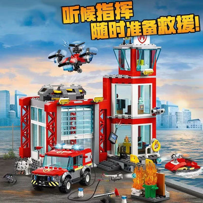 City Fire Station Helicopter Truck Garage Firehouse Building Blocks Set Bricks Compatible 60110 Model Festival Party Gift