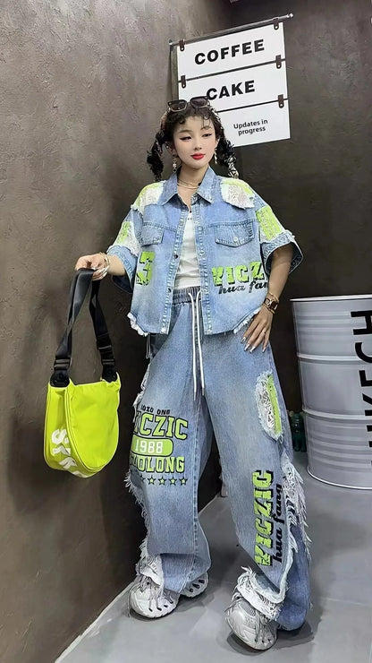 Casual Lace Hollow out Patchwork Summer New Women's Outfit Loose Top with Digital Letter Print Matching Long Pants
