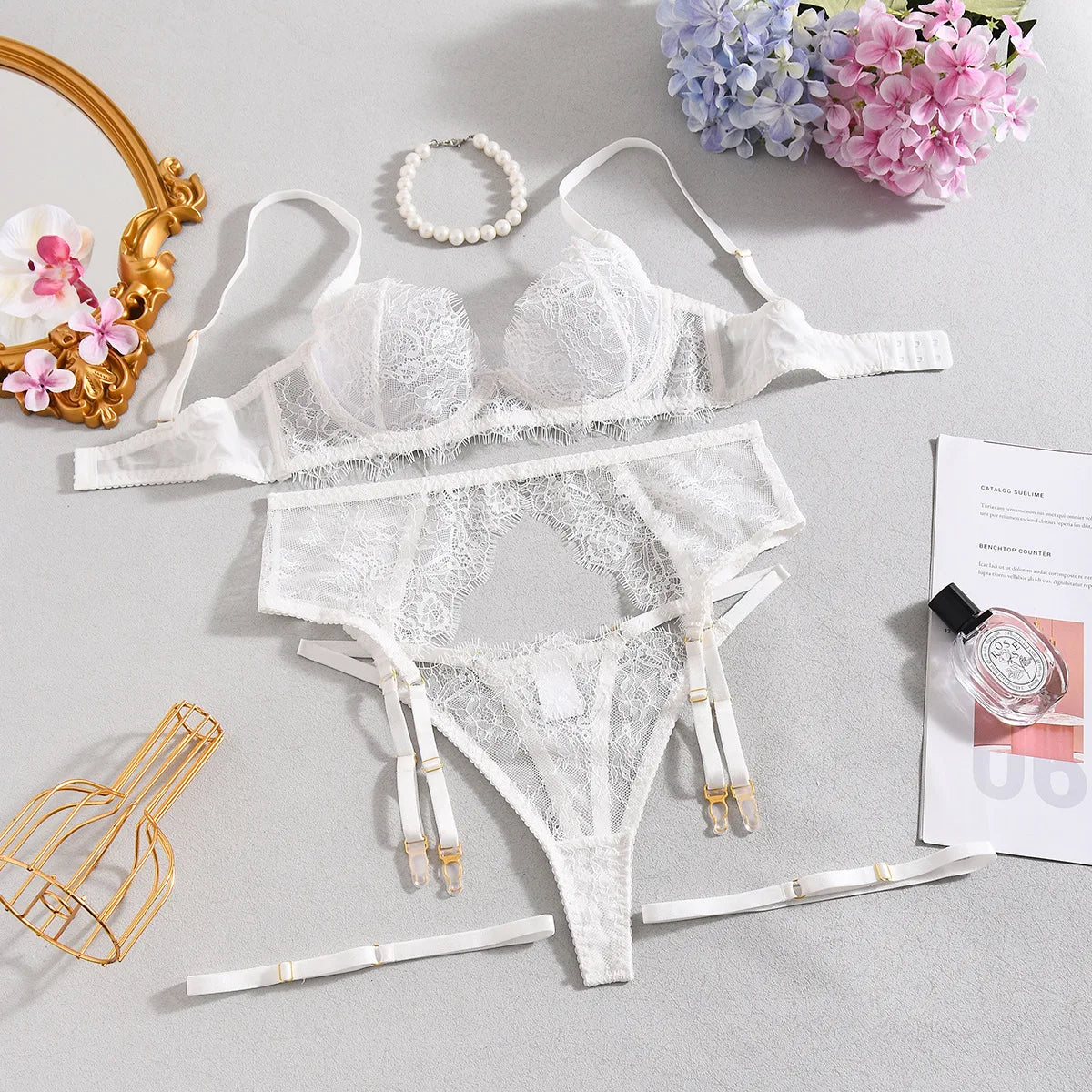 Ellolace Solid Lingeries Sexy Hot Elegant Bra Belt Thong 3PC with Leg Circles Cute Intimate Seductive Lace Tempted Underwear