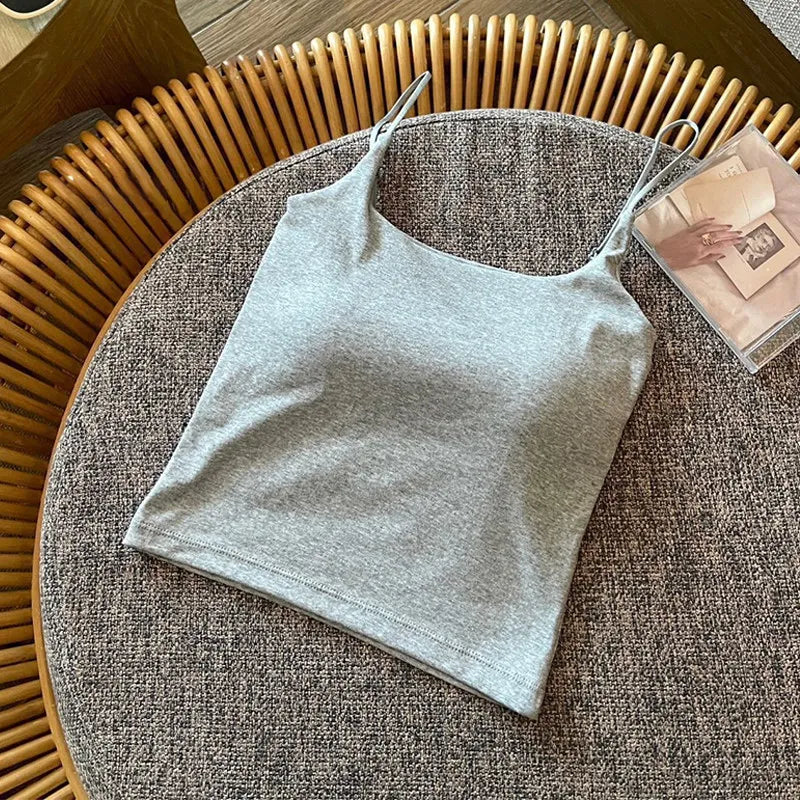 Summer New Small Strap Vest with Chest Pad Backless Integrated Inner And Outer Wear Slimming  Color Short Top for Women