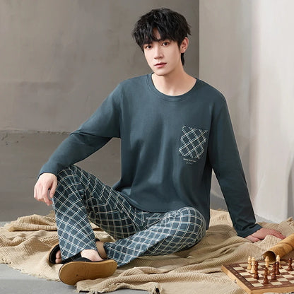 Newest Men Pajamas Set 100% Cotton Sleepwear Male Autumn Long Sleeve Pyjamas