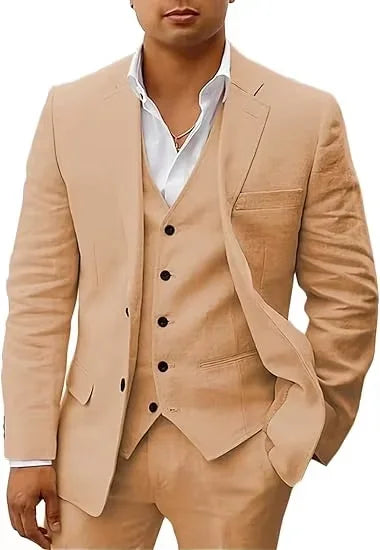 3 piece Linen Summer Men Suits for Wedding Groom Tuxedos 2026 Casual Beach Custom Man Suit Set Jacket Vest with Pants Man Fahion