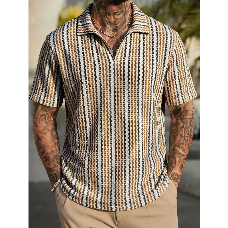 2026 Summer Men's Fashion Knitted Hook Flower Collar T-shirt Outdoor Leisure Sports Beach Vacation Cool Breathable Polo Shirt