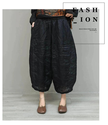 Lightweight Ramie Pant Women Summer Loose Wide-leg Cropped Pants Black LX5765