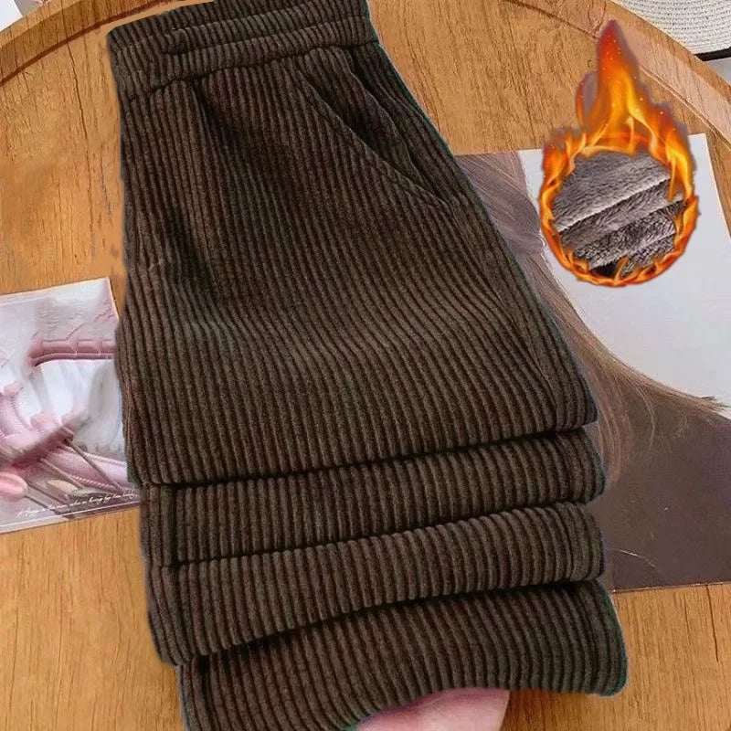Autumn Winter Corduroy Wide Leg Pants Women's Fleece Lined Casual Thickened Loose Slimming plus Size Straight Leg Trousers